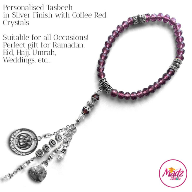 Madz Fashionz UK: 33 Beads Personalised Tasbeeh with Coffee Red Crystals in Silver Finish