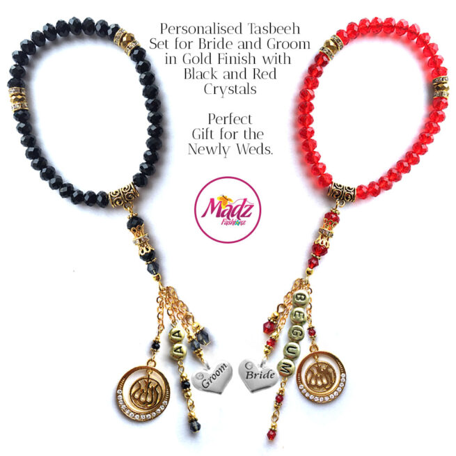 Madz Fashionz UK: Bride and Groom 33 Beads Personalised Tasbeeh Set with Black and Red Crystals in Gold Finish