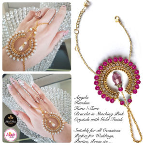 Madz Fashionz UK: Hennabyang Asian Bespoke Kundan Handchain Slave Bracelet Gold Shocking Pink Crystal