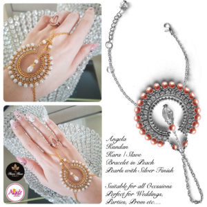 Madz Fashionz UK: Hennabyang Asian Bespoke Kundan Handchain Slave Bracelet Silver Peach Pearls