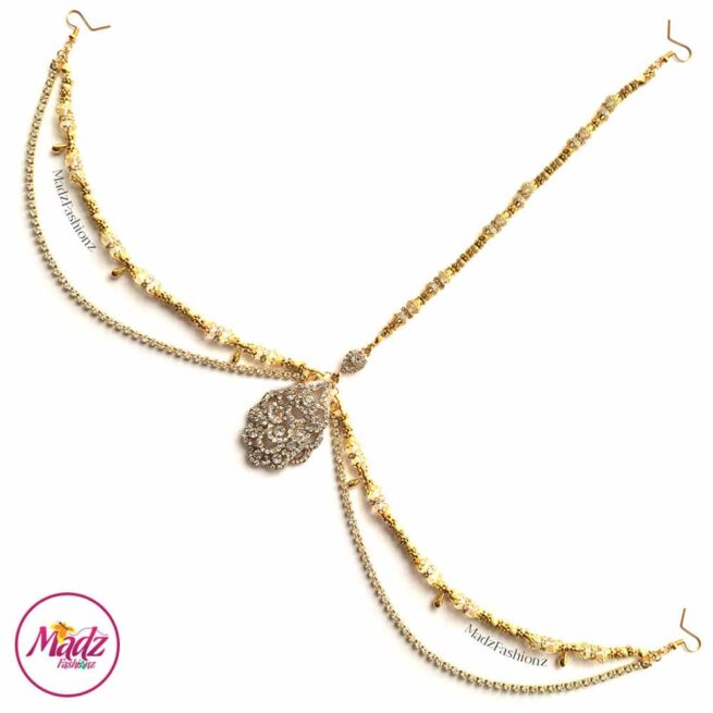 Gold Bridal Headpiece , White Forehead Jewelry , Ayesha , clear crystal headwear , indian bridal hair accessories , prom headpiece , matha patti
