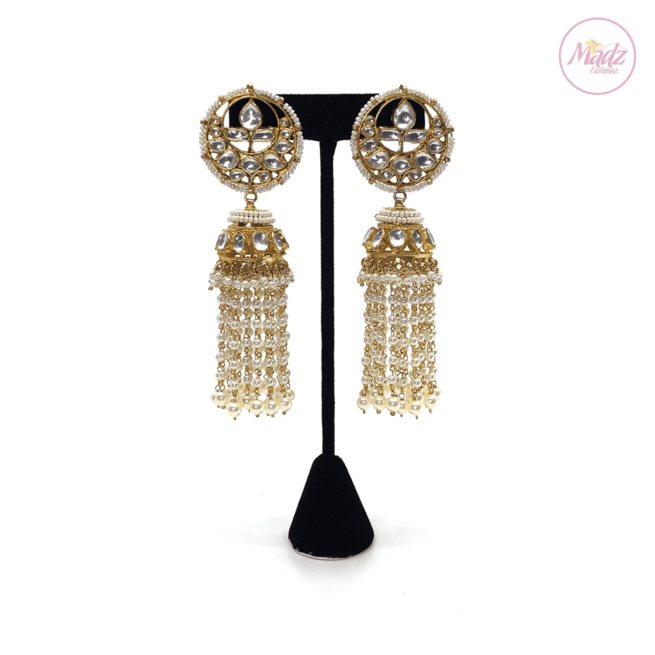 Madz Fashionz UK Noor Jaan Pearled Kundan Jhumkas White Earrings Indian Jewellery