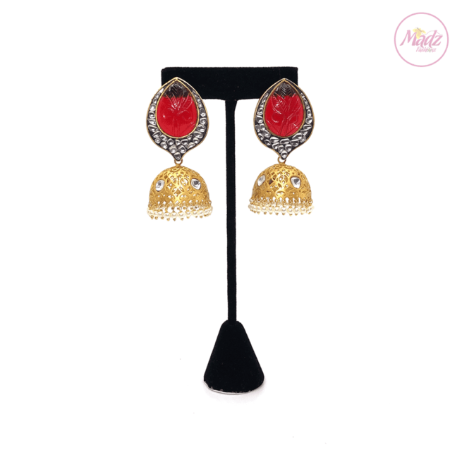 Madz Fashionz UK Fiza Stone Kundan Jhumkas Red Earrings Indian Jewellery Pakistani Jewellery