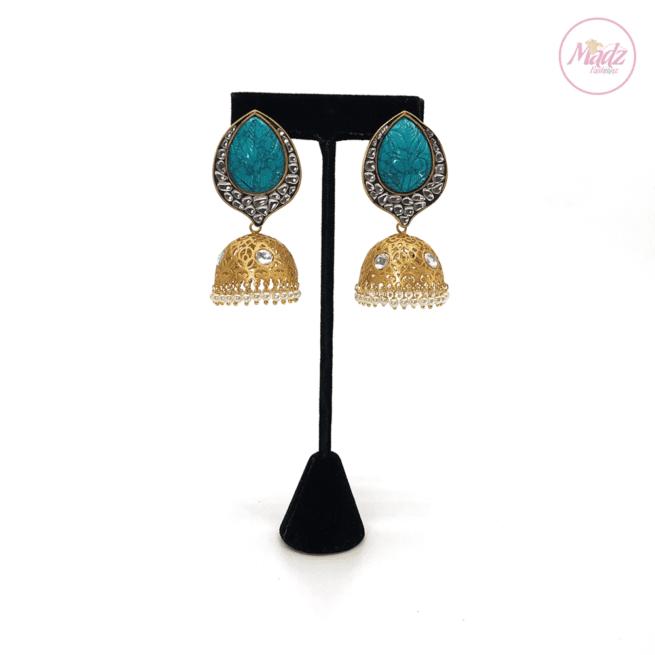 Madz Fashionz UK Fiza Stone Kundan Jhumkas Sky Blue Earrings Indian Jewellery Pakistani Jewellery