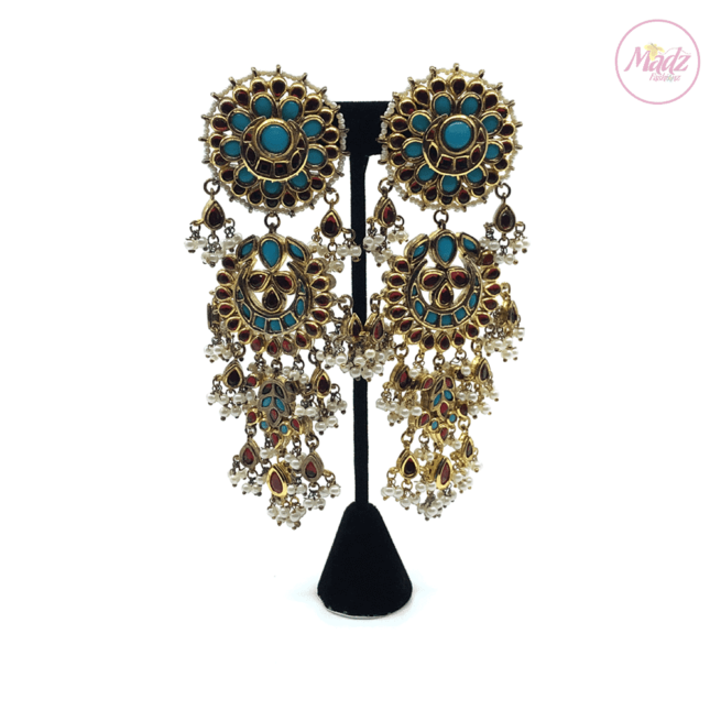 Madz Fashionz UK - Roubia Kundan Jhumkas Blue Red Pearled