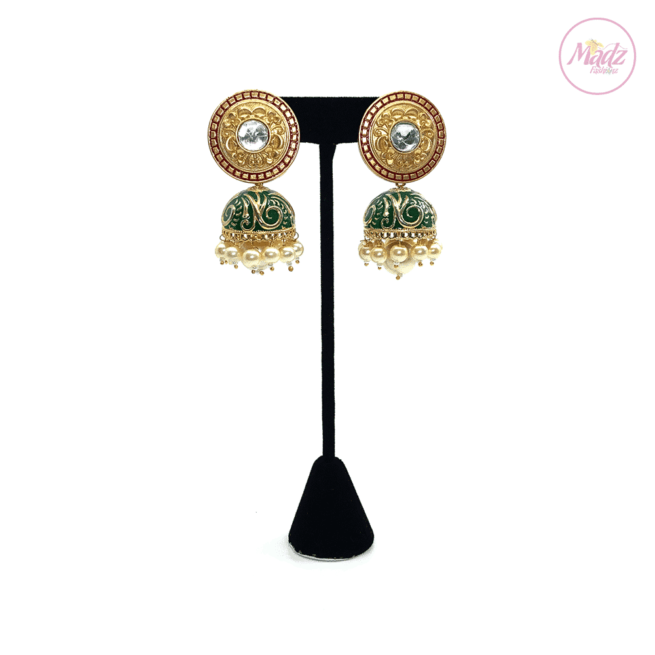 Madz Fashionz UK Mughal Aura Green Jhumkas Indian Kundan Earrings Jewellery
