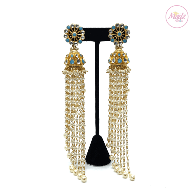 Madz Fashionz UK Nadiya Pearled Kundan Jhumkas Sky Blue Earrings Indian Jewellery Pakistani Jewellery