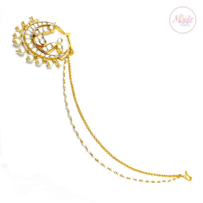 Jawaria Kundan Gold Pearl White Nath Nose Ring - Madz Fashionz