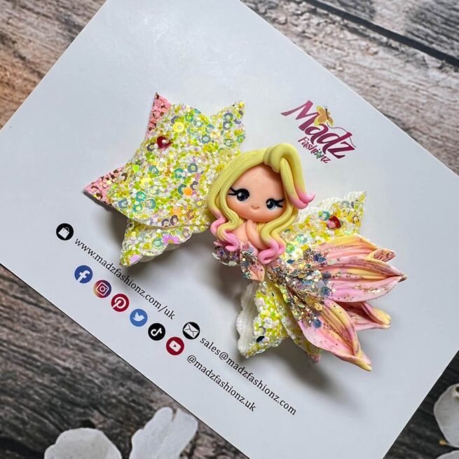 Summer Mermaid Hair Bow , Pink & Yellow Glitter Hair Bow