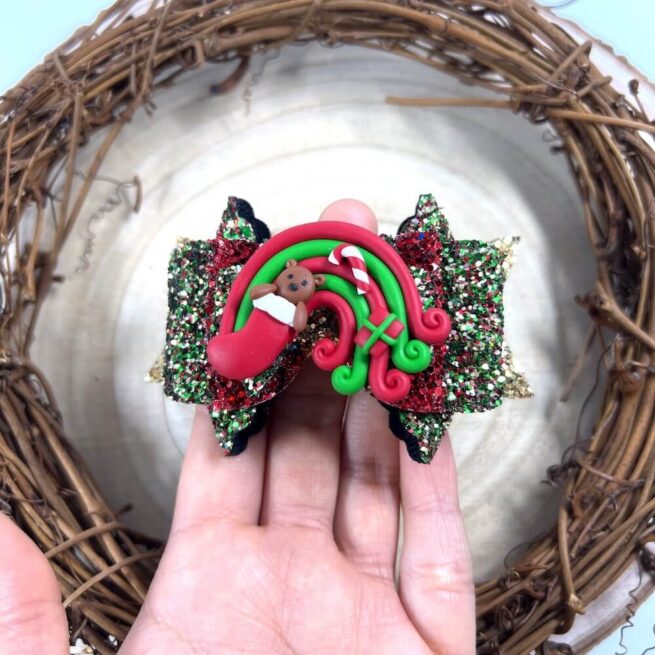 Teddy Hair Bow , Gold, Red & Green Glitter Bow , Christmas Hair Bow , Girls Hair Bow , Baby Bow , Rainbow Hair Bow - MadZFashionZ UK