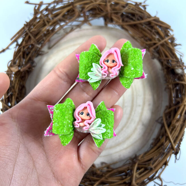 Green & Pink Mermaid Hair Bow , Teeny Tiny Pigtail Set , Green & Pink Glitter Hair Bows - MadZFashionZ