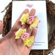 Spring Mermaid Hair Bow , Teeny Tiny Pigtail Set , Baby Pink & Yellow Glitter Hair Bows - MadZFashionZ