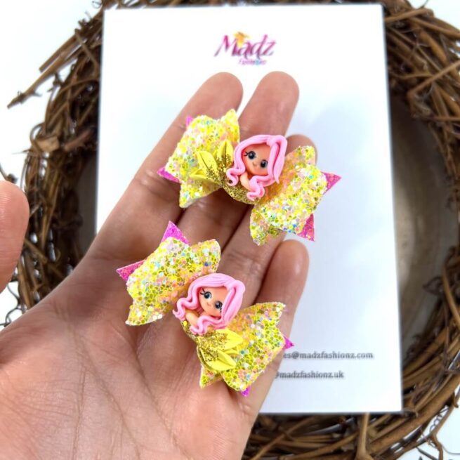 Spring Mermaid Hair Bow , Teeny Tiny Pigtail Set , Baby Pink & Yellow Glitter Hair Bows - MadZFashionZ