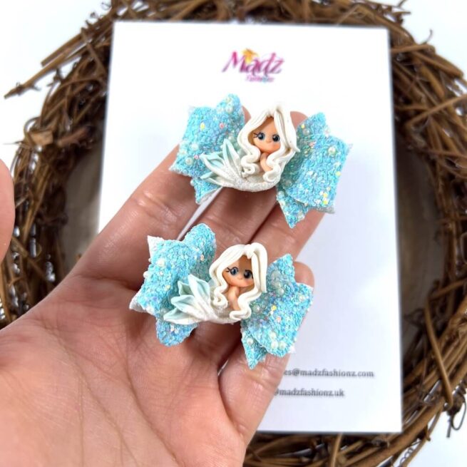 Winter Mermaid Hair Bow , Teeny Tiny Pigtail Set , Light Blue & White Hair Bows - MadZFashionZ