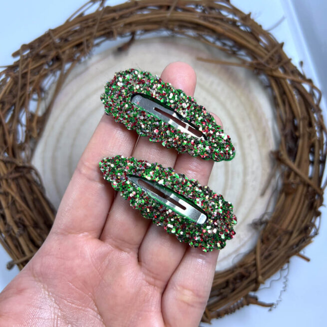 Christmas Tree Glitter Snap Clip , Green Hair Clips , Xmas Scalloped Snappy Clips - MadZFashionZ