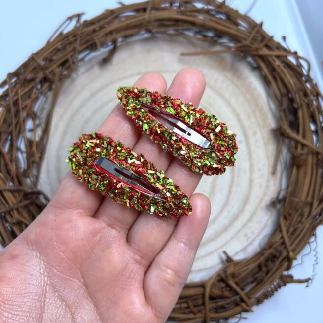 Christmas Tinsel Snap Clip , Red Glitter Hair Clips , Xmas Scalloped Snappy Clips - MadZFashionZ