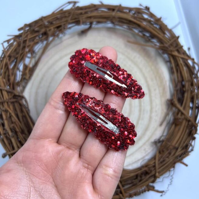 Red Glitter Snap Clip , Glitter Hair Clips , Christmas Scalloped Snappy Clips - MadZFashionZ