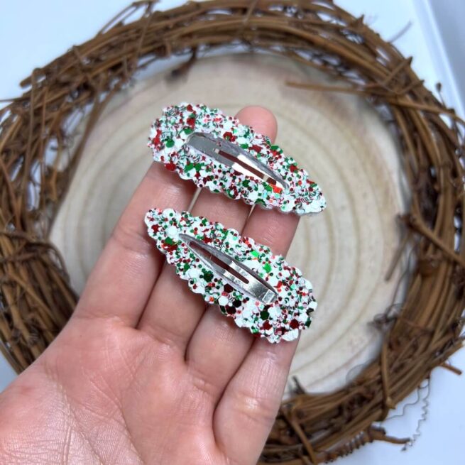 Holly Christmas Glitter Snap Clip , Red & Green Hair Clips , Scalloped Snappy Clips - MadZFashionZ