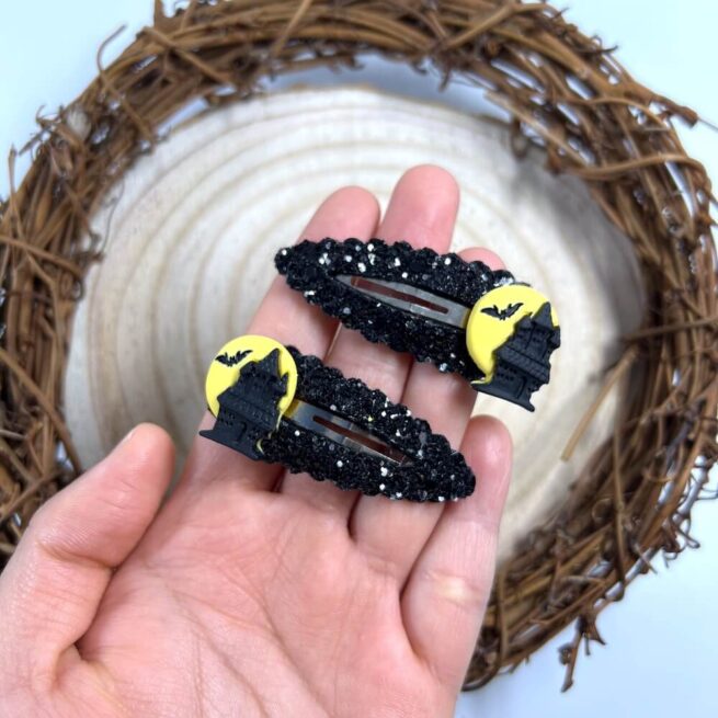 Haunted House Snap Clip , Black Glitter Hair Clip , Bat Halloween Hair Clip