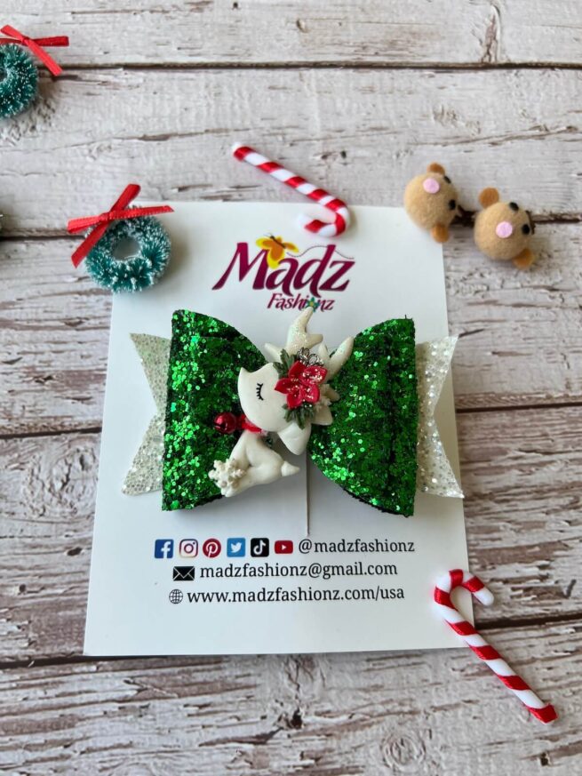 Snow reindeer glitter green hair bow , christmas hair accessories – 3.7 – $10